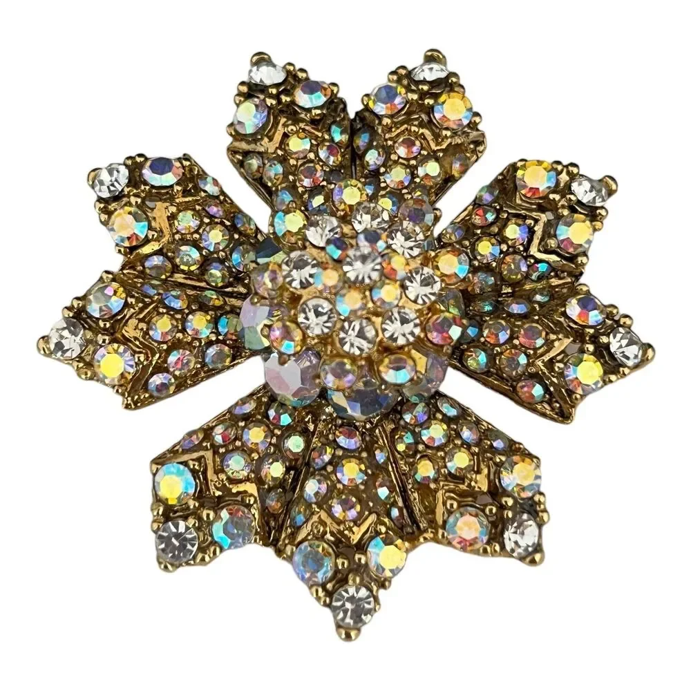 Kirks Folly Brooch AB Rhinestone Flower Gold Tone New Tags - 1C